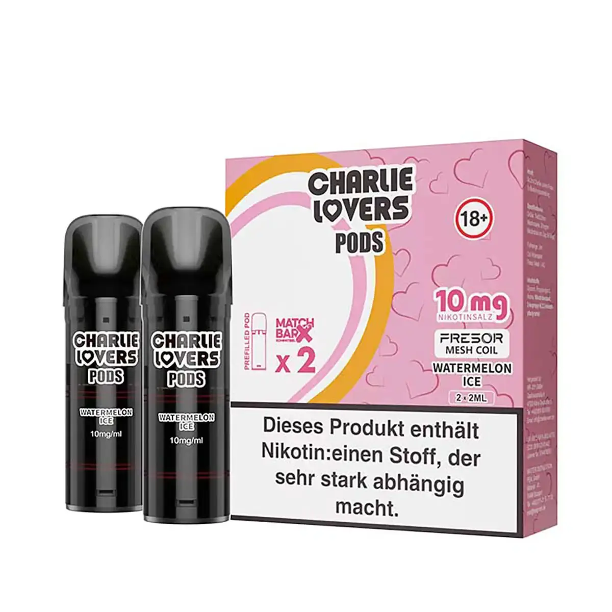 charlie-lovers-prefilled-pods-matchbar-2-stueck-watermelon-ice-10mg-ml-steuerware.png Charlie Lovers Prefilled Pod Watermelon Ice 2er-Pack – zwei schwarze Pods mit pinkfarbener Verpackungsbox, 10 mg