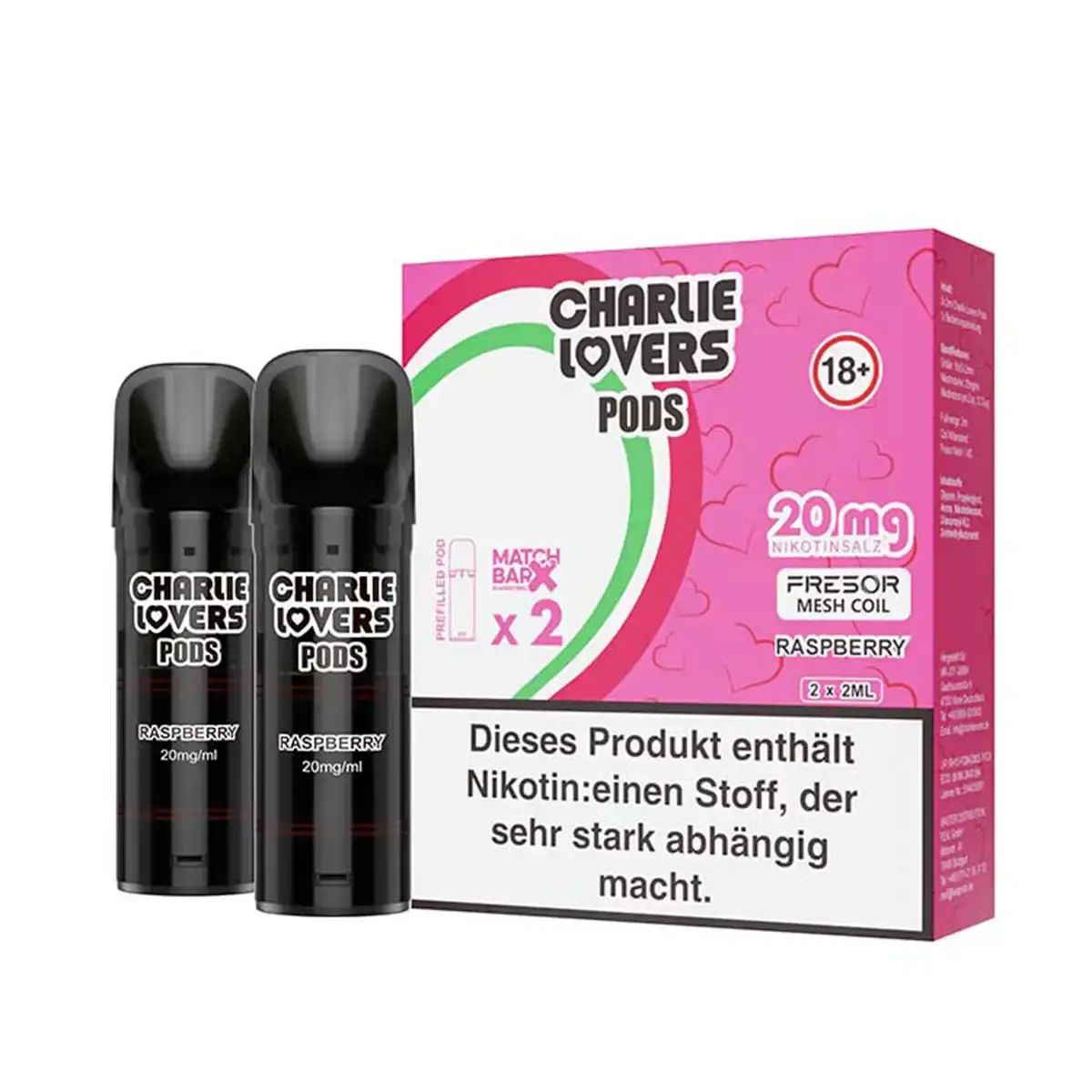 charlie-lovers-prefilled-pods-matchbar-2-stueck-raspberry-20mg-ml-steuerware.png Charlie Lovers Prefilled Pod Raspberry 2er-Pack mit pinkfarbener Verpackung und zwei grauen Pods, 20 mg