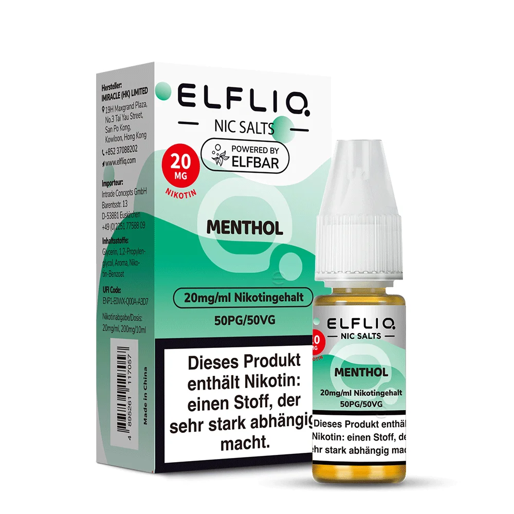 Elfbar Elfliq Menthol 20mg Nikotinsalz-Liquid 10ml, grüne Flasche mit Warnhinweis-Seite und Beipackzettel