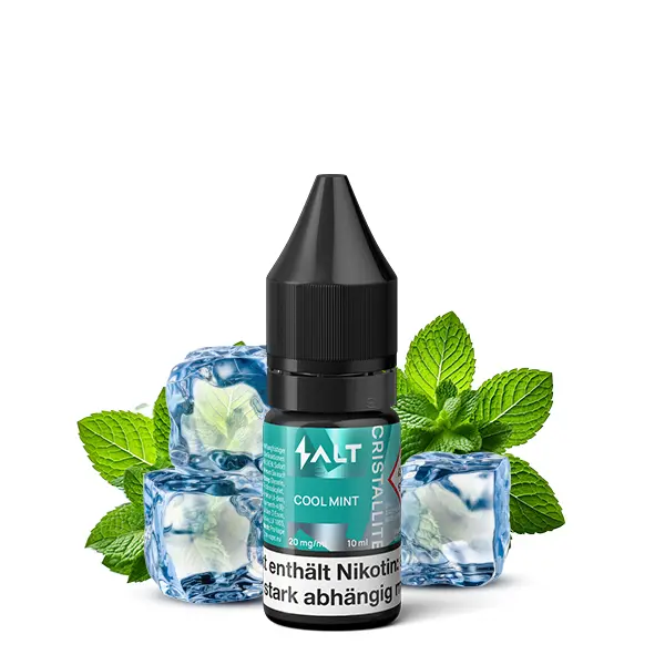 salt-cristallite-cool-mint-nikotinsalz-1.jpg SALT Cristallite Cool Mint 10ml Nikotinsalz-Liquid Flasche mit Eiswürfeln und Minzblättern