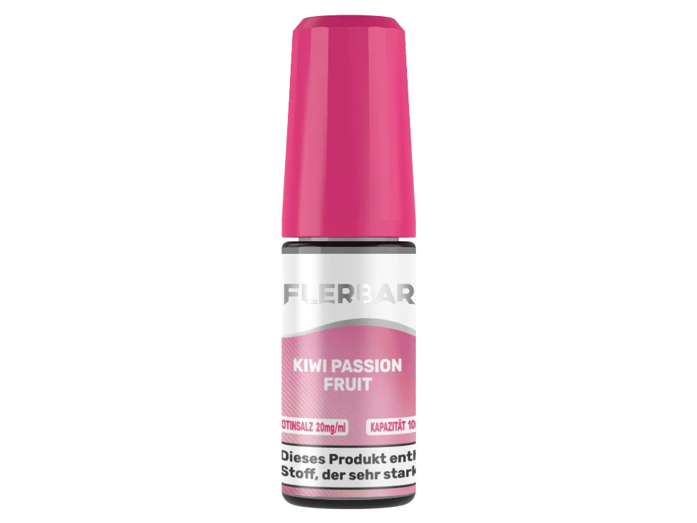 flerbar-liquid-nicsalt-kiwi-passionfruit-20mg_1000x750.png Flerbar Kiwi Passionfruit 10ml Nikotinsalz-Liquid in pinkfarbener Flasche mit rosa Kappe – seitliche Ansicht