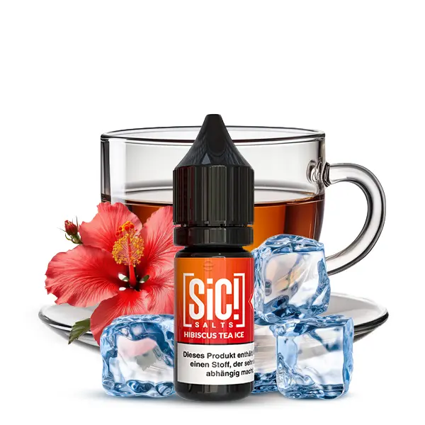 SiC! Salts Hibiscus Tea Ice 10ml Nikotinsalz-Liquid Flasche mit Hibiskusblüte, Teetasse und Eiswürfeln