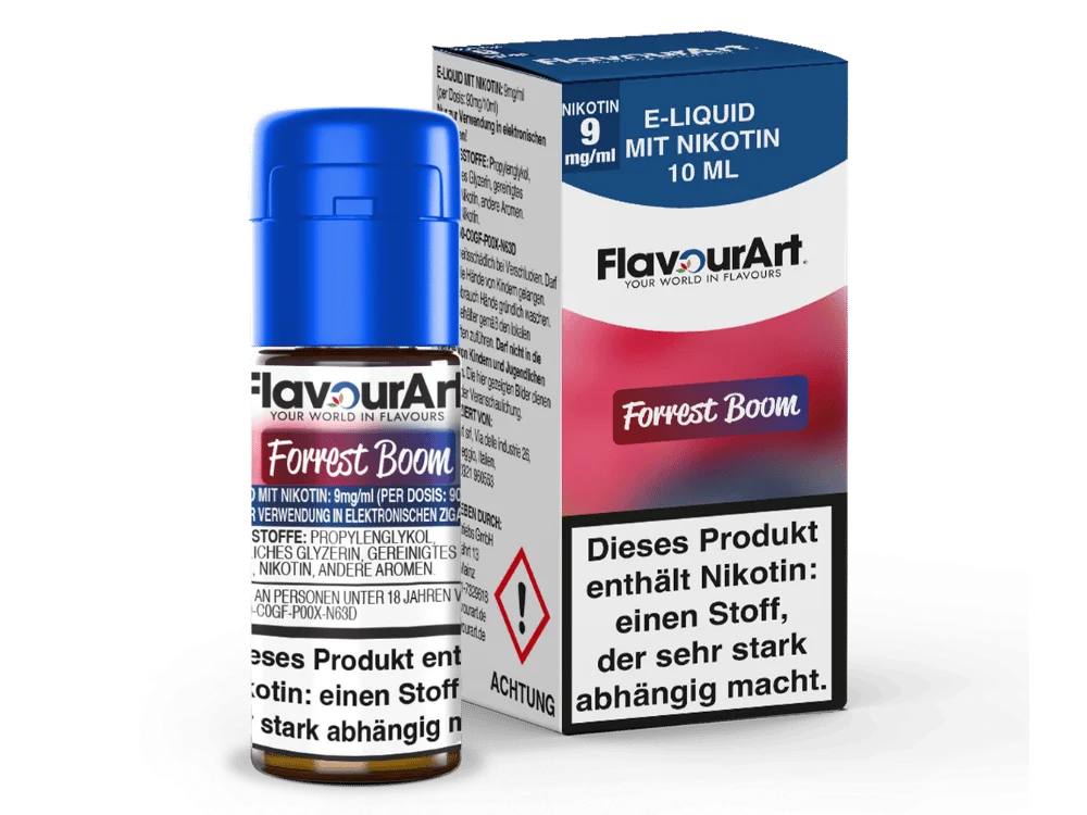 FlavourArt Forrest Boom 10ml Liquid 9mg – Flasche mit rosa Etikett und Schachtel, Nikotinstärke 9mg/ml
