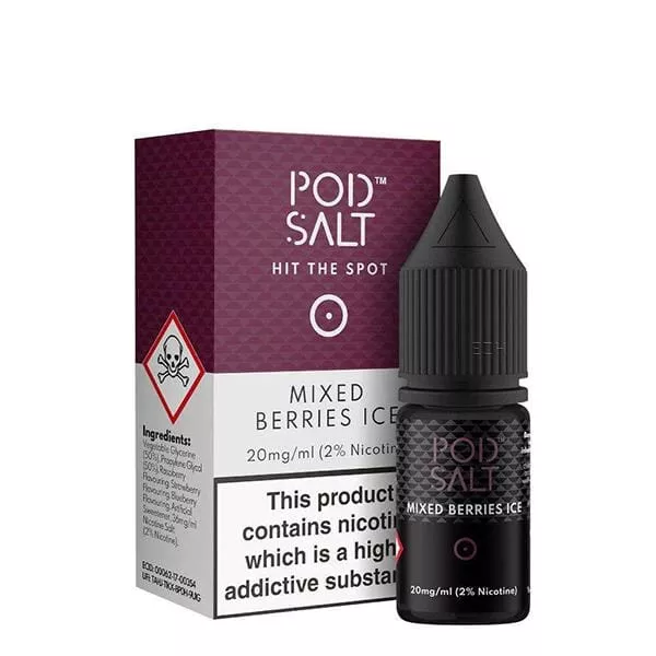 PodSalt Mixed Berries Ice 10ml Nikotinsalz-Liquid – violette Schachtel mit Flasche, Vorderansicht