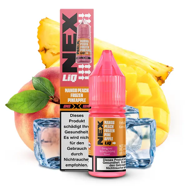 pod-salt-nexLiq-mango-peach-frozen-pineapple-nikotinsalz-3.jpg NexLiq Mango Peach Frozen Pineapple 10ml Nikotinsalz-Liquid Flasche mit Tropenfrucht-Motiv und Eiswürfeln