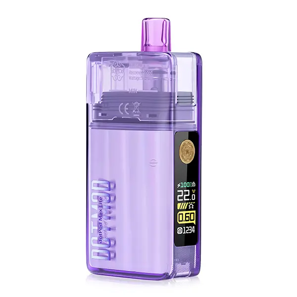 dotmod-dotpod-lite-max-6.jpg DotMod dotPod Max Lite Pod Kit in Lila-Transparent, Seitenansicht mit Display und Druckknopf