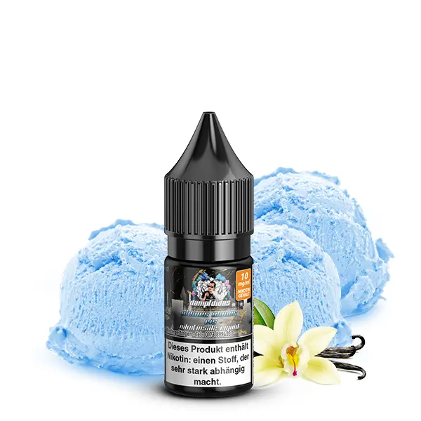 Dampfdidas Kleines Blaues Eis 10ml Nikotinsalz-Liquid Flasche vor blauen Eiskugeln und Vanilleblüte