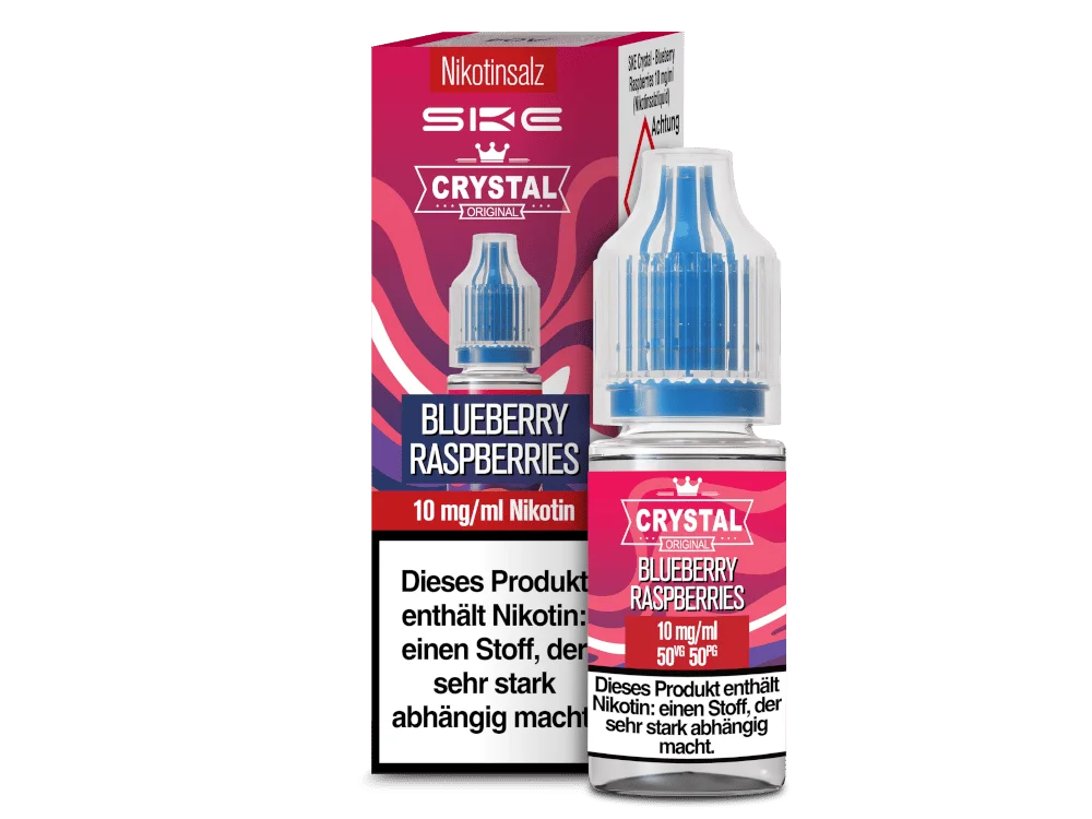 SKE Crystal Blueberry Raspberries 10ml Nikotinsalz-Liquid, rosa-rote Flasche mit 10 mg Nikotin, Frontansicht