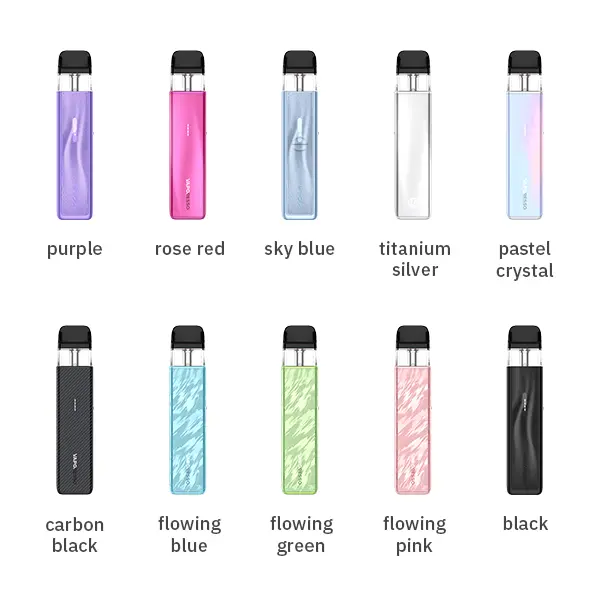 Vaporesso Xros 5 Mini Pod Kit Farbübersicht: alle 9 Varianten von Purple über Rose Red, Sky Blue bis Black