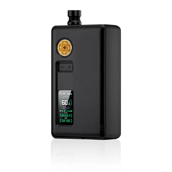 dotmor-dotaio-v3-kit-1.jpg DotMod dotAIO V3 Kit in Schwarz mit farbigem Display und goldfarbenem Knopf, Frontansicht