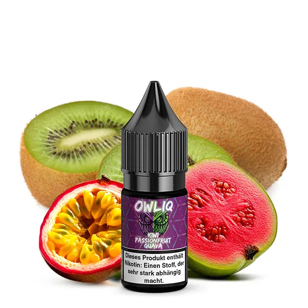 Owliq Kiwi Passionfruit Guava 10ml Nikotinsalz-Liquid in kleiner Flasche mit Früchten im Hintergrund