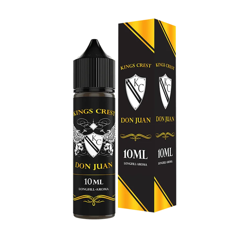 Kings Crest Don Juan Longfill 10ml Flasche mit schwarz-goldener Verpackung, Frontalansicht