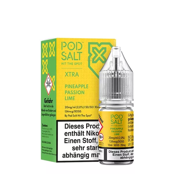 source55791.jpg PodSalt Xtra Pineapple Passion Lime 10ml Nikotinsalz-Liquid – gelb-grüne Verpackung mit Flakon, Frontansicht