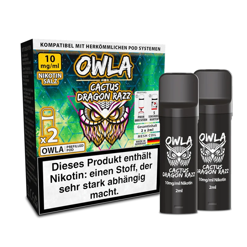 OWL Owla Cactus Dragon Razz Prefilled Pod 2er-Pack in grüner Verpackung mit zwei schwarzen Pods, 10 mg