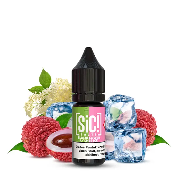 sic-elderflower-lychee-ice-nikotinsalz-1.jpg SiC! Salts Elderflower Lychee Ice 10ml Nikotinsalz-Liquid – Flasche mit Lychees, Holunderblüten und Eiswürfeln