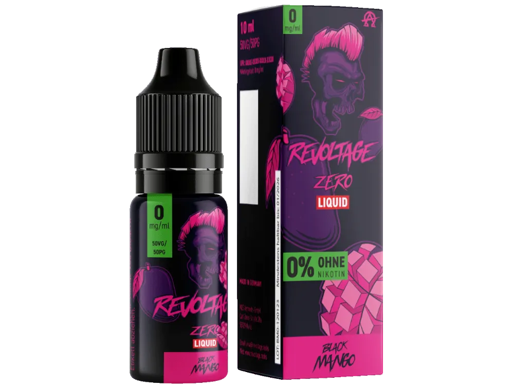 Revoltage Black Mango Hybrid-Nikotinsalz-Liquid 10ml, 0% Nikotin-Variante, Flasche mit Box
