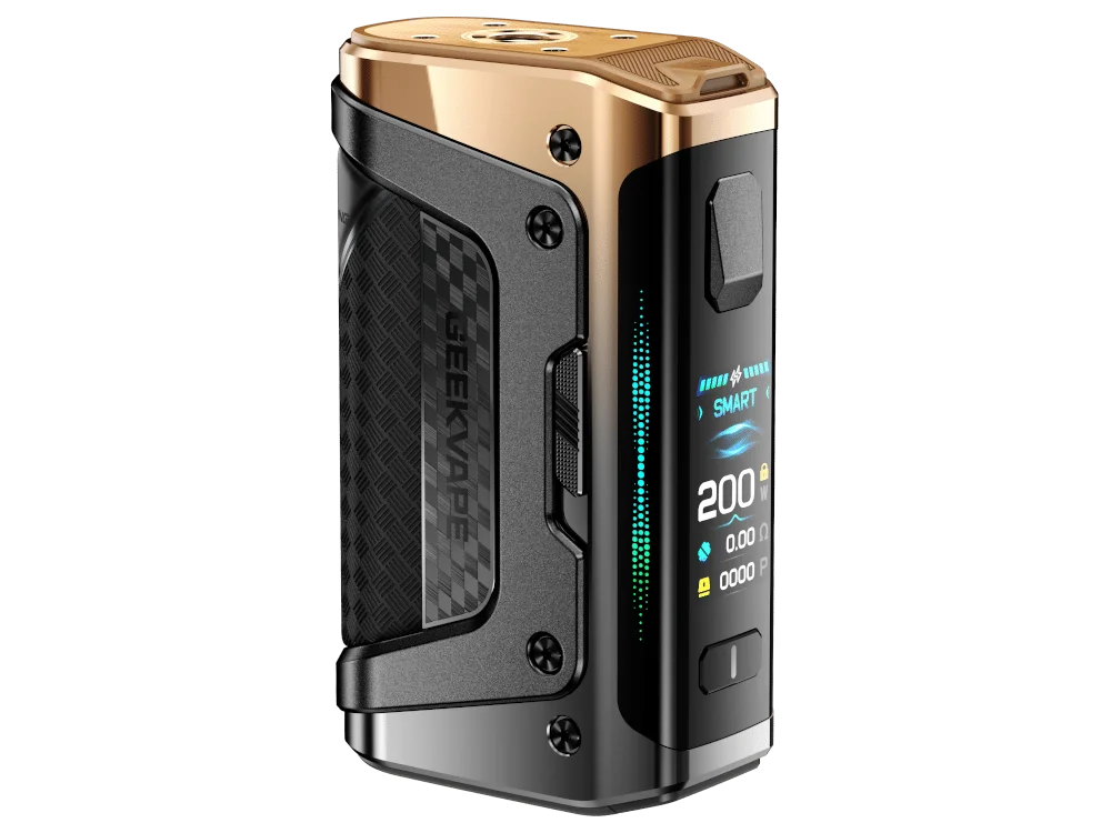 geekvape_aegis_legend_5_200_watt_gold_1000x750.png GeekVape Aegis Legend 5 Mod in Schwarz-Gold mit 200W Display und strukturierter Oberfläche, Seitenansicht
