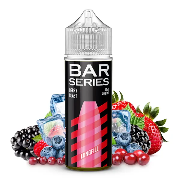 Vampire Vape Bar Series Berry Blast Longfill in pinkroter Flasche mit Erdbeeren, Brombeeren und Eiswürfeln, Frontansicht