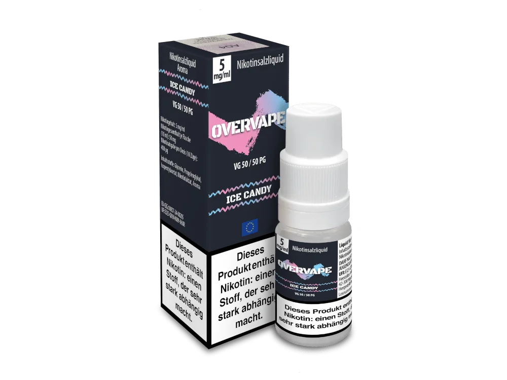 Overvape Ice Candy Nikotinsalz-Liquid 10ml – dunkle Verpackung mit pinkem Schriftzug, Flasche nicht sichtbar