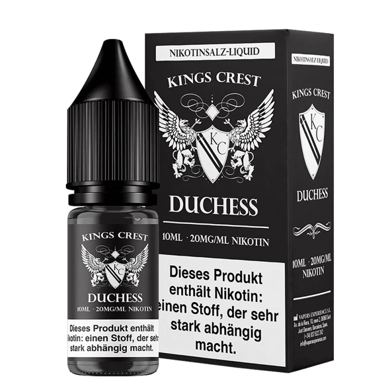 KIC305_800x800.png?ts=1763550740 Kings Crest Duchess 10ml Nikotinsalz-Liquid, schwarze Flasche und Schachtel nebeneinander