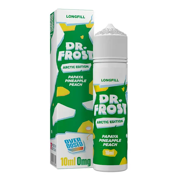 dr-frost-artic-papaya-pineapple-peach-2.jpg Dr. Frost Arctic Edition Papaya Pineapple Peach Longfill, gelb-grüne Verpackung mit 10ml Flasche und Leerflasche
