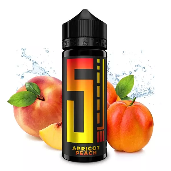 5-el-apricot-peach 5 Elements Apricot Peach Longfill – 120ml Flasche mit Aprikosen- und Pfirsich-Motiv, schwarzes Design mit Farbakzenten