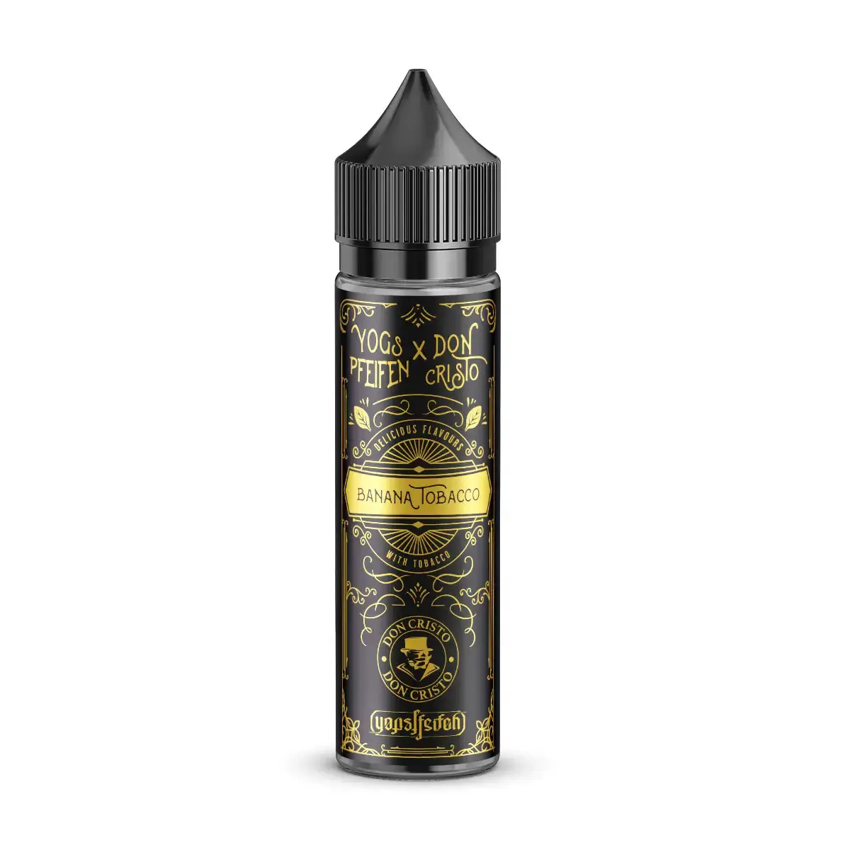 don_cristo_black_de_5.png Don Cristo X Yogs Pfeifen Banana Tobacco Longfill 60ml Flasche in dunklem Golddesign mit Tabak-Motiv