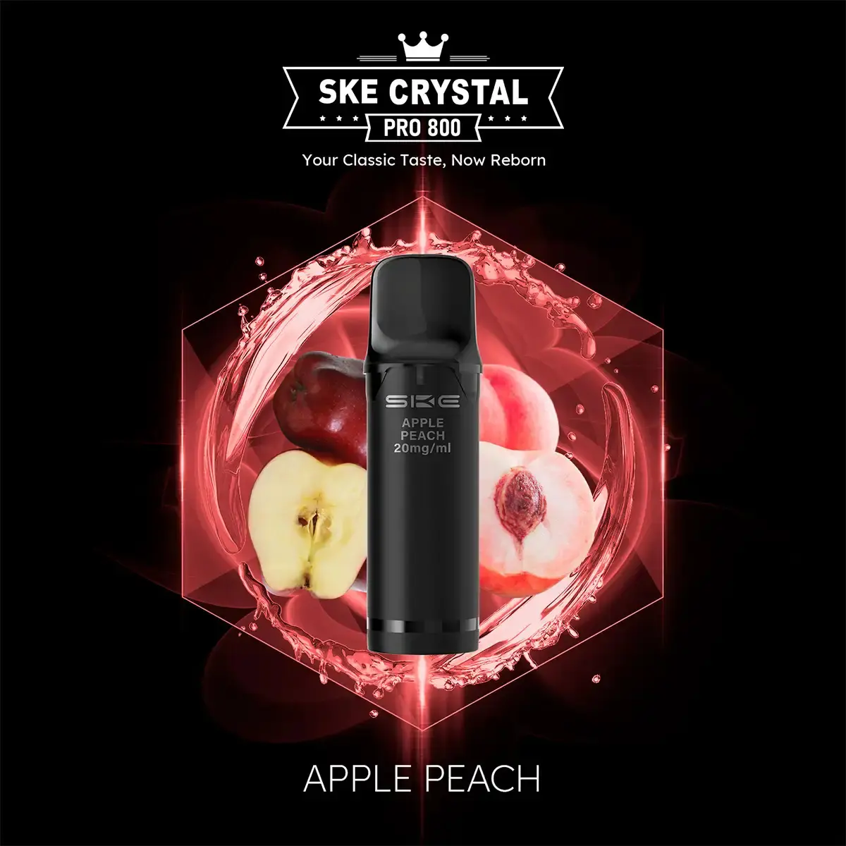 SKE Crystal 800 Pro Pod Apple Peach – schwarzer Pod vor rotem Apfel-Hintergrund, Produktfoto