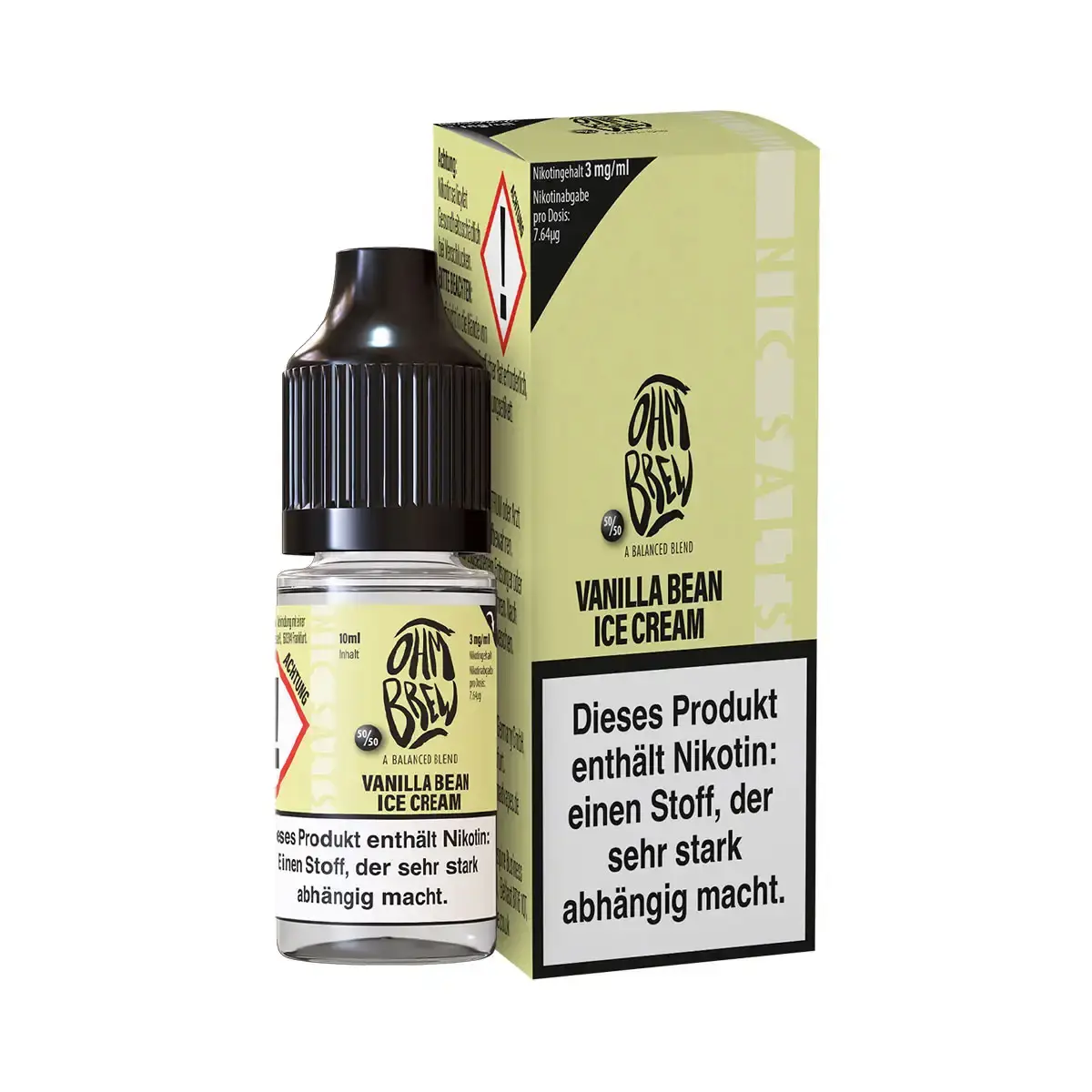 ohmbrew-vanilla-bean-ice-cream-nikotinsalz-10ml-6-mg-ml-steuerware.png Ohmbrew Vanilla Bean Ice Cream 10ml Nikotinsalz-Liquid – gelbgrüne Flasche mit passender Verpackung