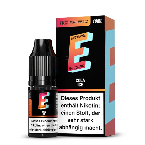 E-Intense Cola Ice 10ml Nikotinsalz-Liquid – Flaschen-Vorderseite mit orangefarbenem Label und Warnhinweis