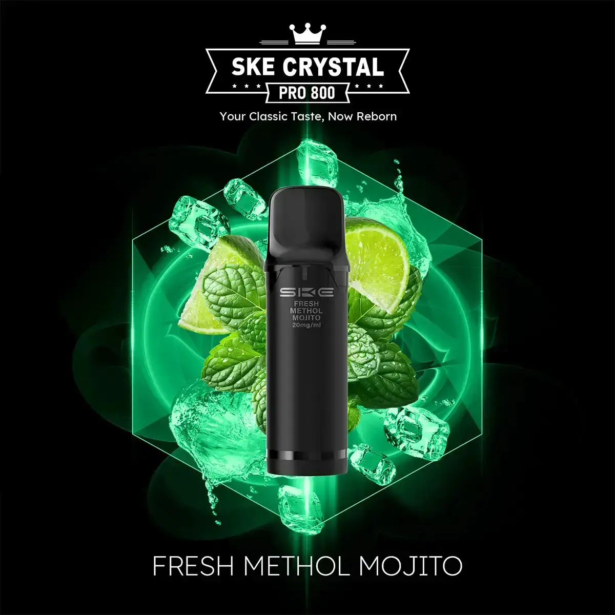 Schwarzer SKE Crystal 800 Pro Prefilled Pod vor Minze-Limetten-Hintergrund, Sorte Fresh Menthol Mojito