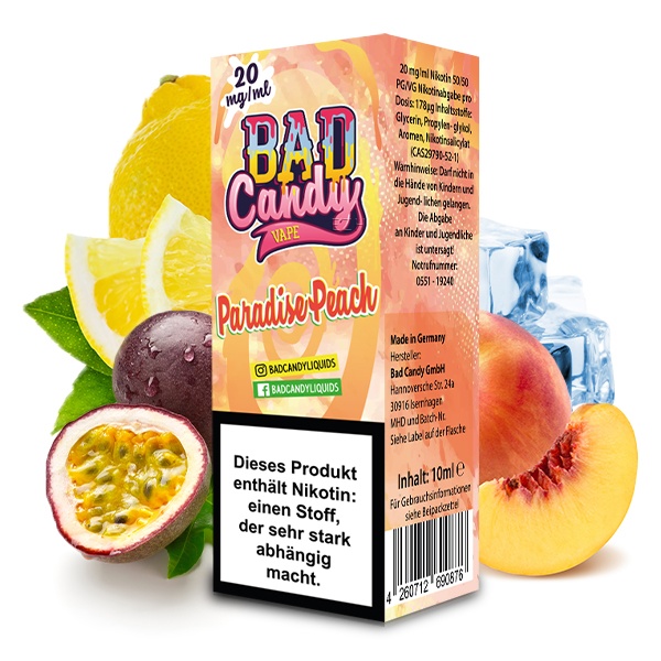 Bad Candy Paradise Peach 10ml Nikotinsalz-Liquid 20mg, Flasche mit Pfirsich, Maracuja und Zitrone
