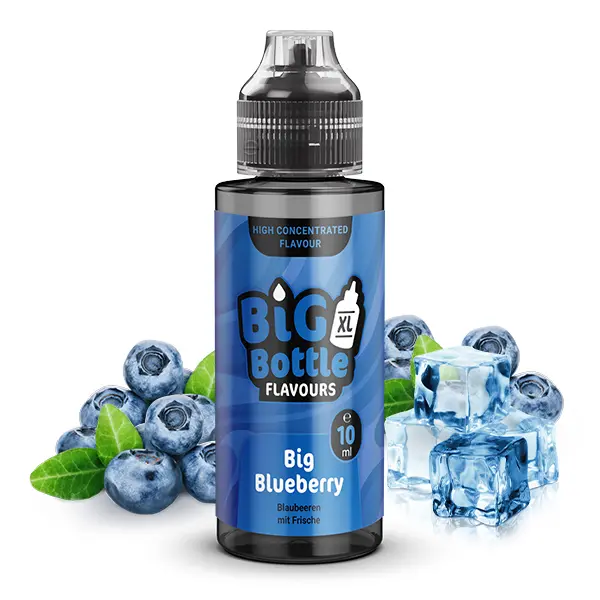 Big Bottle Big Blueberry Longfill 120ml Flasche mit Blaubeeren und Eiswürfeln auf blauem Hintergrund