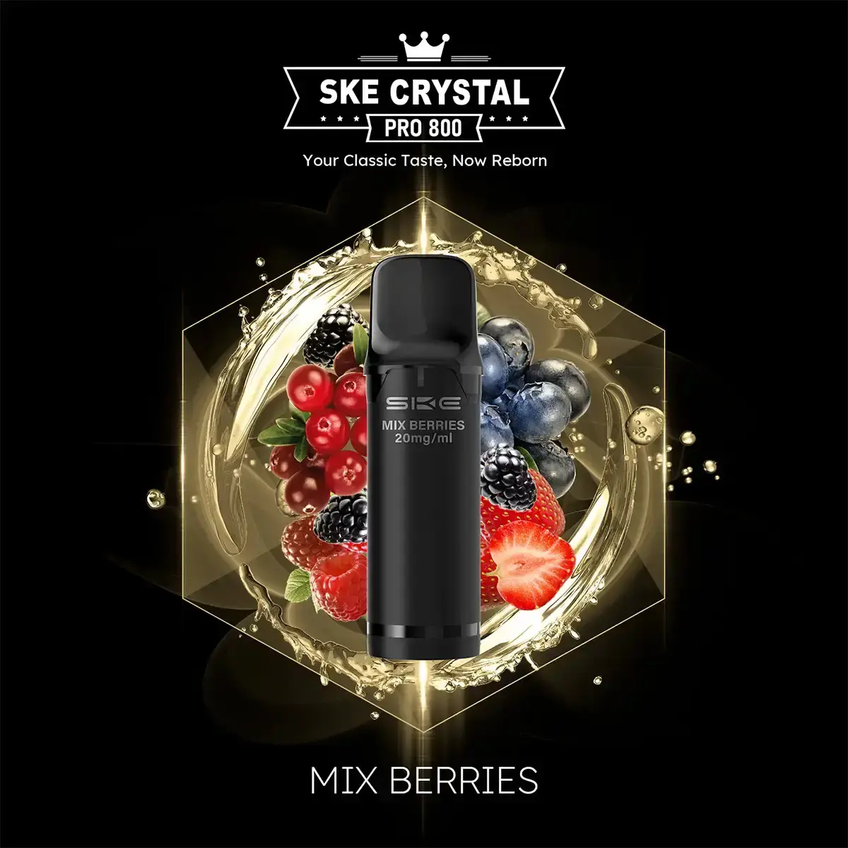 SKE Crystal 800 Pro Prefilled Pod Mix Berries – schwarzer Pod mit Beeren-Früchten vor weißem Hintergrund
