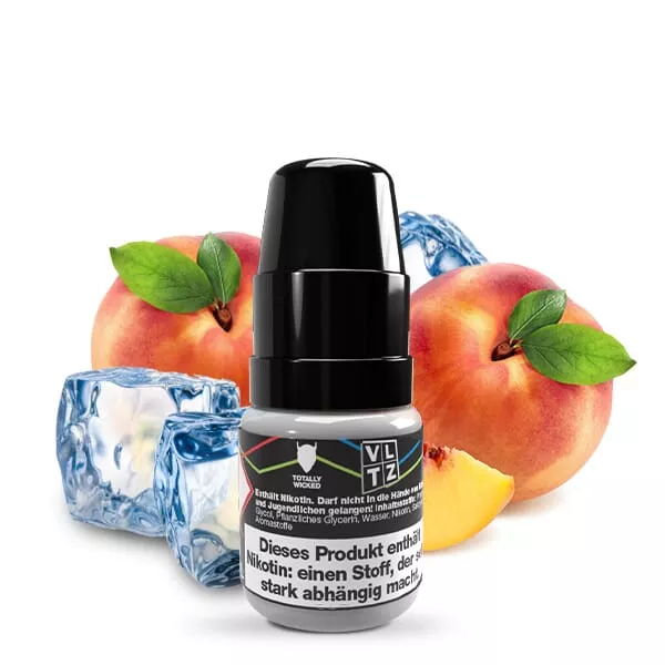 VLTZ Ice Pfirsich Nikotinsalz-Liquid 10ml Flasche mit Pfirsich- und Eismotiv