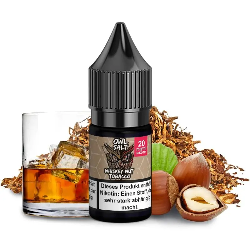 OWL Salt Whiskey Nut Tobacco 10ml Nikotinsalz-Liquid Flasche mit Whiskeyglas und Haselnüssen, 20mg