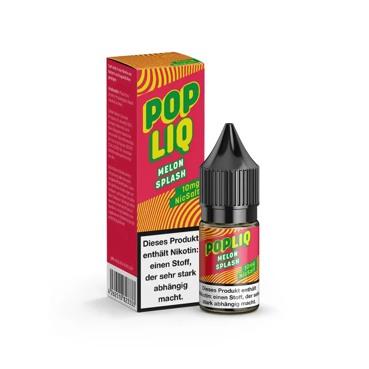 PopLiq Melon Splash 10ml Nikotinsalz-Liquid – rot-grüne Verpackung mit Flasche