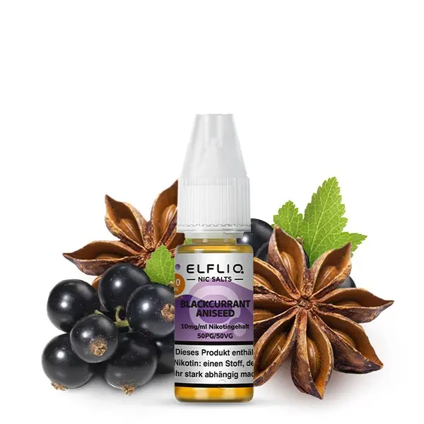 Elfliq Blackcurrant Aniseed 10ml Nikotinsalz-Liquid Flasche vor schwarzen Johannisbeeren und Sternanis
