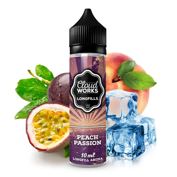 Cloudworks Peach Passion Longfill-Aroma – 10ml Flasche mit Pfirsich, Maracuja und Eiswürfel-Motiv
