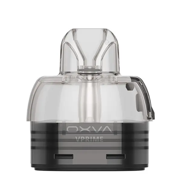Oxva VPrime Ersatz-Pod Frontansicht mit OXVA-Logo auf schwarzem Sockel, transparenter Tank