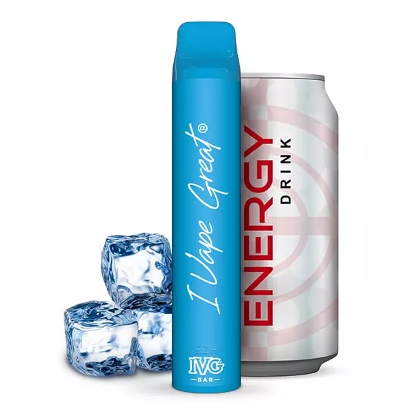 source583070.jpg IVG Bar Einweg E-Zigarette Energy Ice 20mg/ml in hellblau neben Energydrink-Dose mit Eiswürfeln