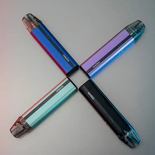 Aspire Flexus SE Pod Kit in vier Farben – Rot, Blau, Türkis und Lila diagonal angeordnet