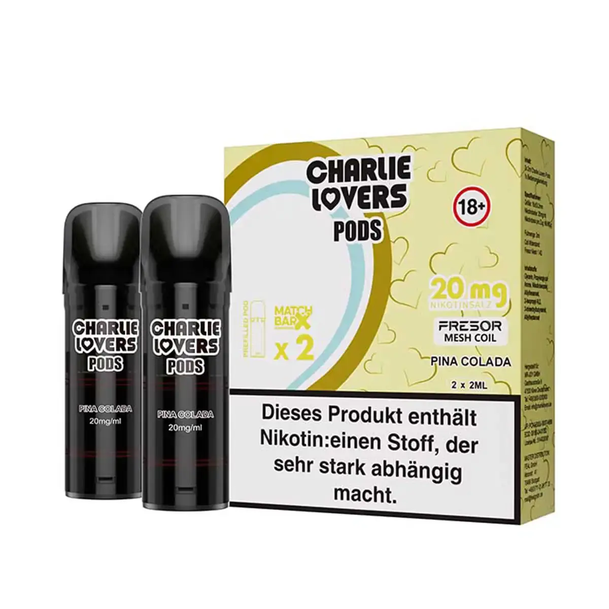 charlie-lovers-prefilled-pods-matchbar-2-stueck-pina-colada-20mg-ml-steuerware.png Charlie Lovers Prefilled Pod Pina Colada 20mg – 2er-Pack in hellgelber Verpackung mit zwei schwarzen Pods