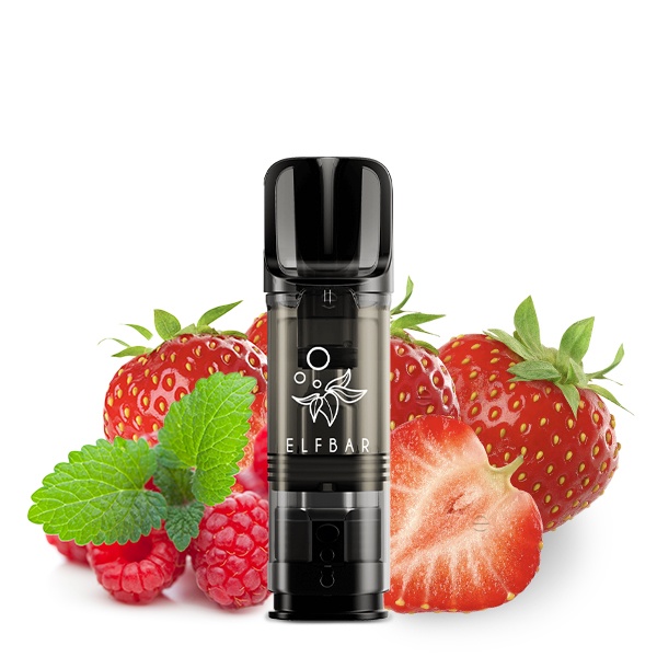 Elfbar Elfa Prefilled Pod Strawberry Raspberry 20mg – schwarzer Pod vor Erdbeeren und Himbeeren