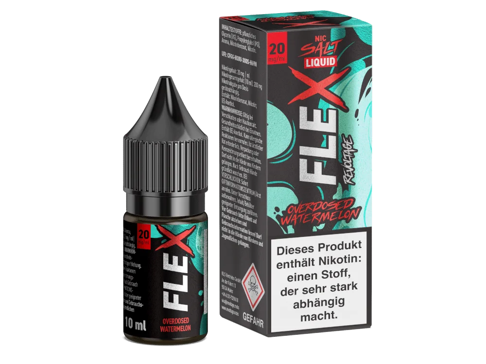 Revoltage Flex Overdosed Watermelon 10ml Nikotinsalz-Liquid – grün-türkise Flasche mit Verpackung seitlich