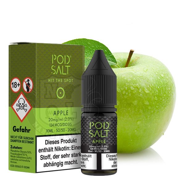 PodSalt Apple 10ml Nikotinsalz-Liquid – Flasche mit grünem Apfel-Motiv und Sicherheitswarnungen