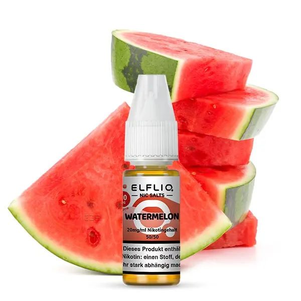 Elfliq Watermelon 10ml Flasche vor frischen Wassermelonenstücken, Elfbar Nikotinsalz-Liquid