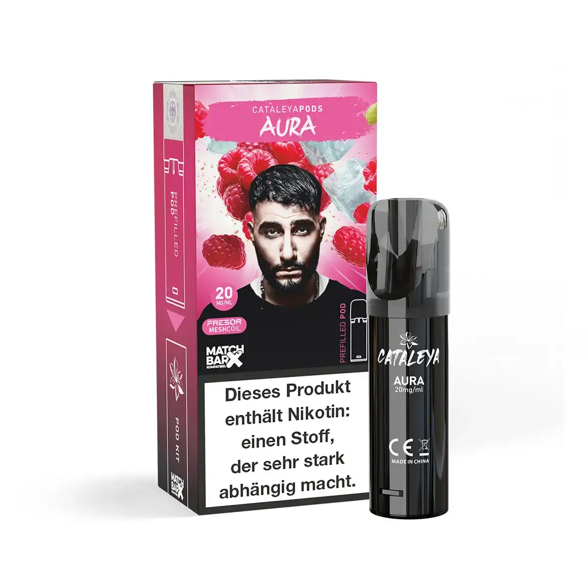Cataleya Prefilled Pod Aura – pinke Verpackung mit Pod, Aura-Schriftzug und Porträt-Motiv