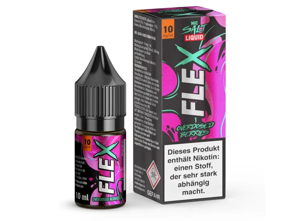Revoltage Flex Overdosed Berries 10ml Nikotinsalz-Liquid – Flasche und Verpackung in Pink
