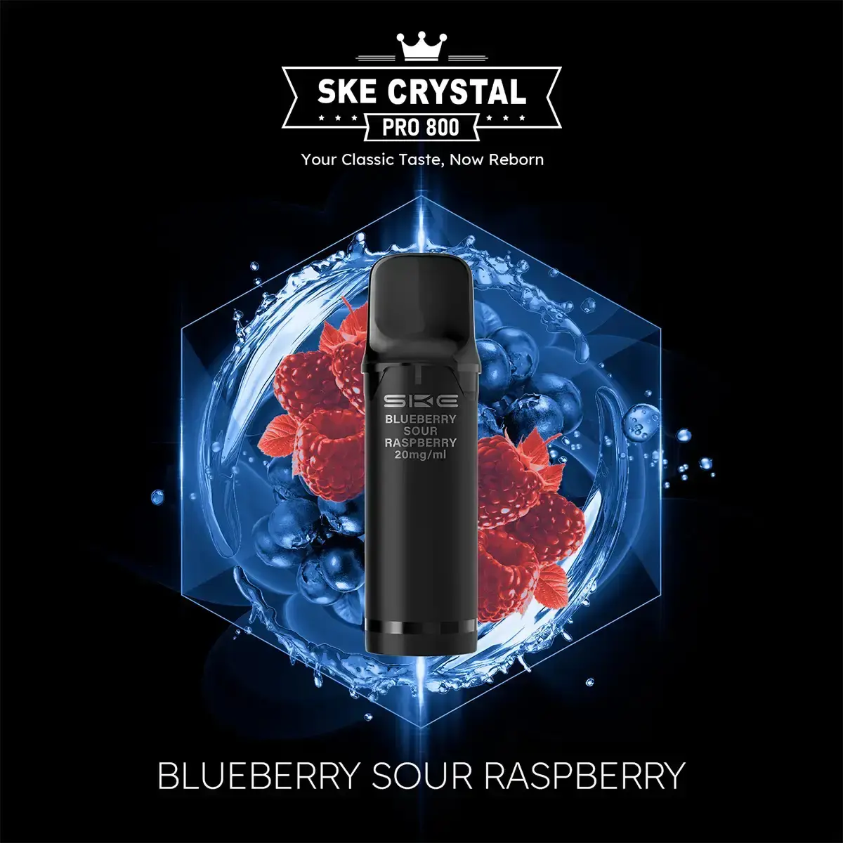 SKE Crystal 800 Pro Prefilled Pod Blueberry Sour Raspberry – schwarzer Pod vor blauem Beeren-Hintergrund mit Himbeeren